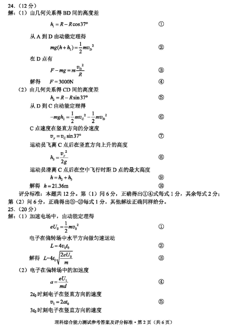 2022届云南省高三一模理综试题答案（图片版）