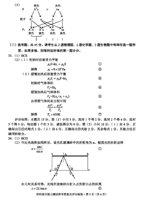2022届云南省高三一模理综试题答案（图片版）5